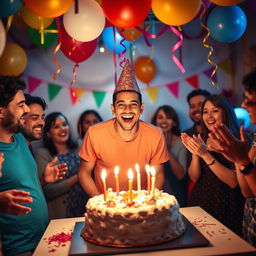 A cheerful celebration scene featuring a person at a birthday party, without a birthday cap