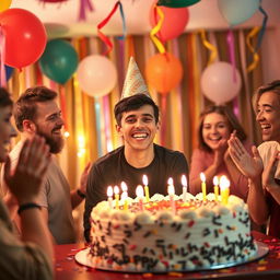 A cheerful celebration scene featuring a person at a birthday party, without a birthday cap