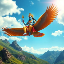 A majestic scene of Lord Vishnu, depicted as a handsome divine figure with blue skin, adorned in traditional golden armor and jewelry, gracefully seated on his mighty bird, Garuda