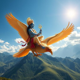 A majestic scene of Lord Vishnu, depicted as a handsome divine figure with blue skin, adorned in traditional golden armor and jewelry, gracefully seated on his mighty bird, Garuda