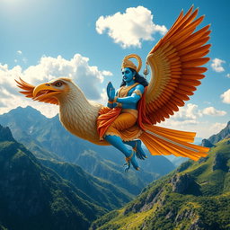 A majestic scene of Lord Vishnu, depicted as a handsome divine figure with blue skin, adorned in traditional golden armor and jewelry, gracefully seated on his mighty bird, Garuda