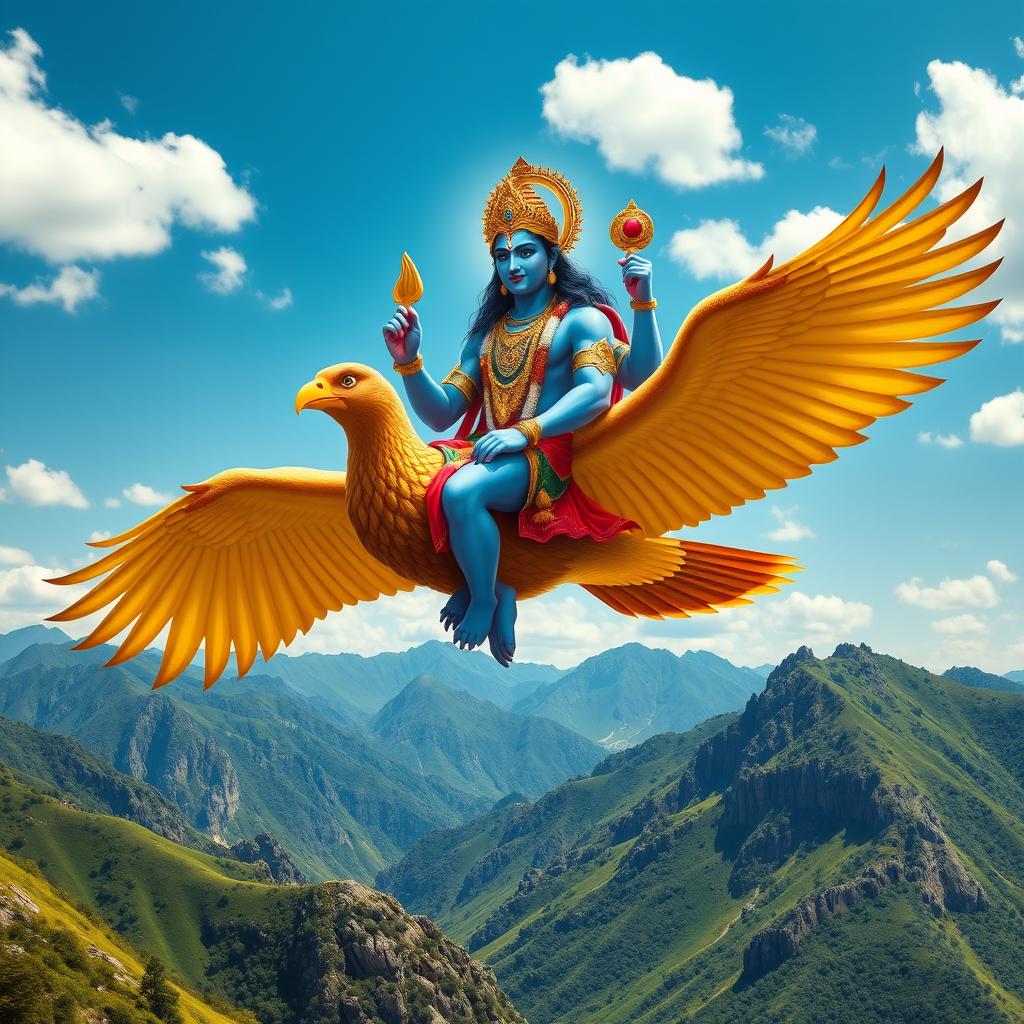 A majestic scene of Lord Vishnu, depicted as a handsome divine figure with blue skin, adorned in traditional golden armor and jewelry, gracefully seated on his mighty bird, Garuda