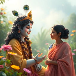 A serene scene depicting Lord Krishna offering wise and compassionate advice to a young, simple lady