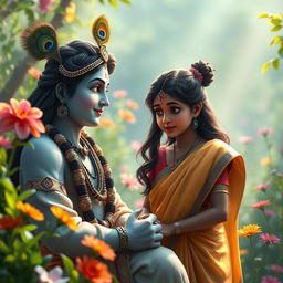 A serene scene depicting Lord Krishna offering wise and compassionate advice to a young, simple lady