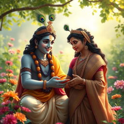 A serene scene depicting Lord Krishna offering wise and compassionate advice to a young, simple lady