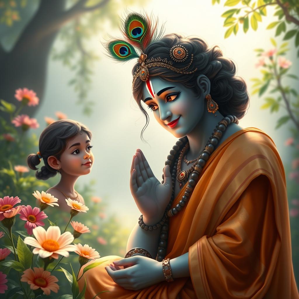 A serene scene depicting Lord Krishna offering wise and compassionate advice to a young, simple lady