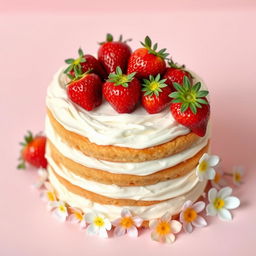 A beautifully decorated cake featuring fresh strawberries on top