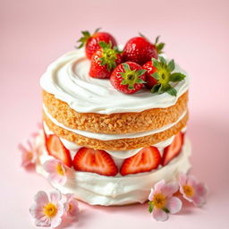 A beautifully decorated cake featuring fresh strawberries on top