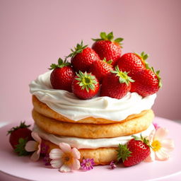 A beautifully decorated cake featuring fresh strawberries on top