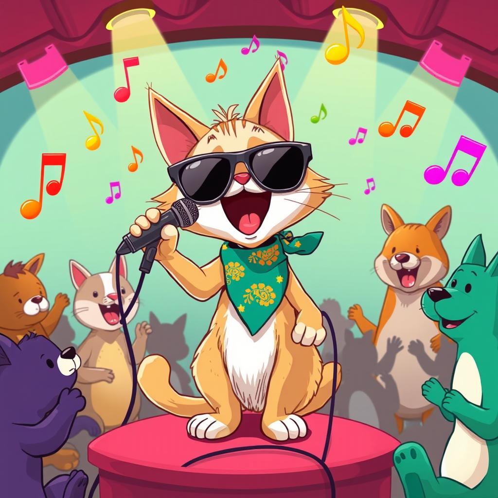 A comical scene featuring a cartoonish cat with exaggerated facial features, passionately singing into a microphone on a small stage