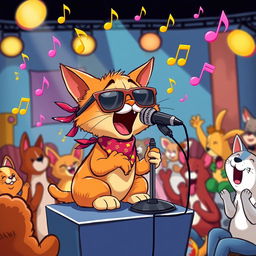A comical scene featuring a cartoonish cat with exaggerated facial features, passionately singing into a microphone on a small stage