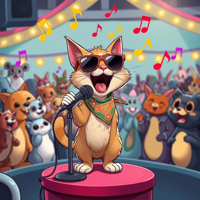 A comical scene featuring a cartoonish cat with exaggerated facial features, passionately singing into a microphone on a small stage