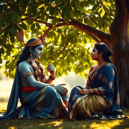 An elegant scene depicting Krishna, the Hindu god known for his wisdom and charm, sitting gracefully under a lush green tree