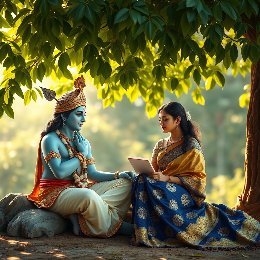 An elegant scene depicting Krishna, the Hindu god known for his wisdom and charm, sitting gracefully under a lush green tree