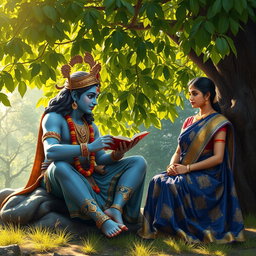 An elegant scene depicting Krishna, the Hindu god known for his wisdom and charm, sitting gracefully under a lush green tree