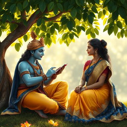An elegant scene depicting Krishna, the Hindu god known for his wisdom and charm, sitting gracefully under a lush green tree