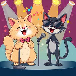 A whimsical illustration of two cartoon cats singing joyfully together on a stage
