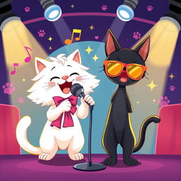 A whimsical illustration of two cartoon cats singing joyfully together on a stage
