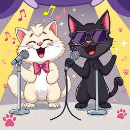 A whimsical illustration of two cartoon cats singing joyfully together on a stage