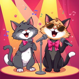 A whimsical illustration of two cartoon cats singing joyfully together on a stage