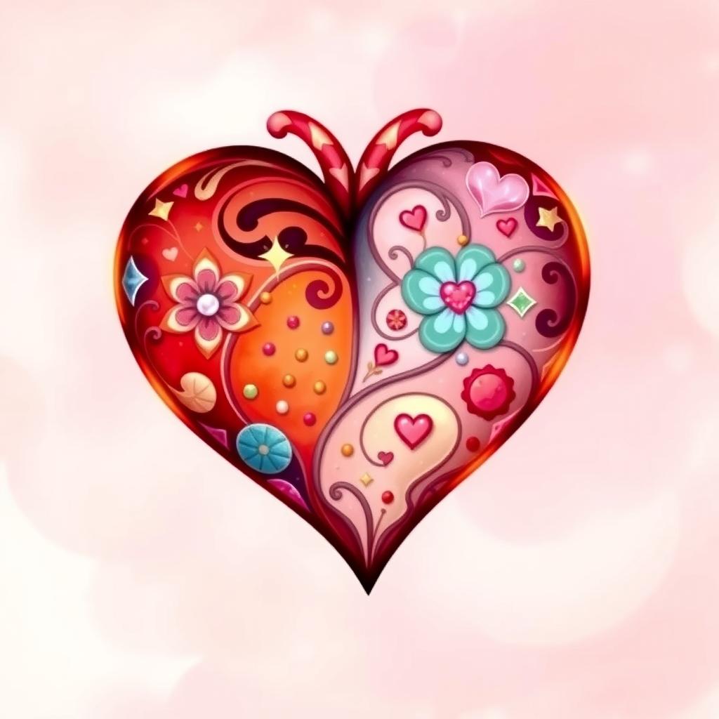 A beautifully illustrated heart, vibrant in color, with intricate patterns and embellishments woven throughout