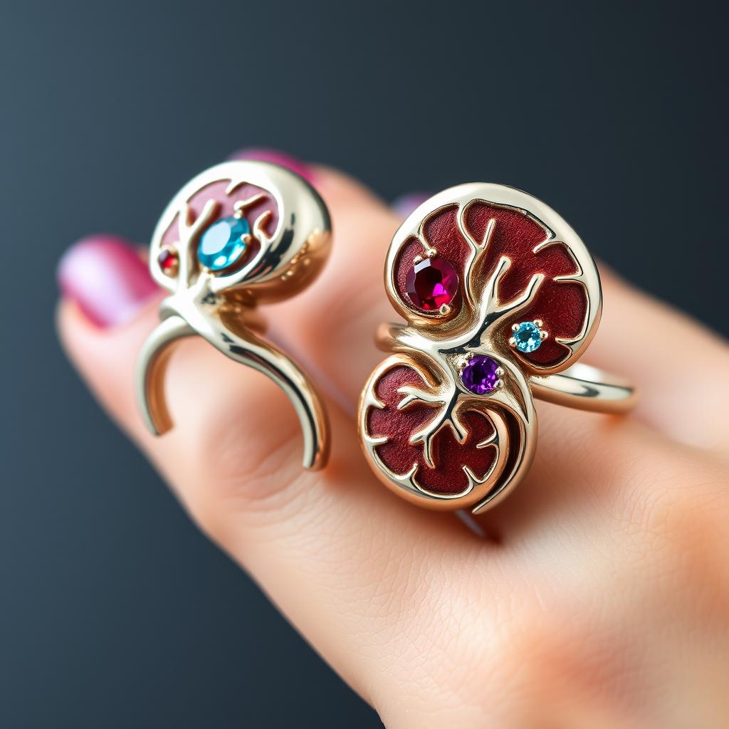 A pair of unique rings designed to resemble human kidneys, featuring intricate details that mimic the shape and texture of kidneys, adorned with gemstones that highlight their curves and contours