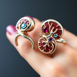 A pair of unique rings designed to resemble human kidneys, featuring intricate details that mimic the shape and texture of kidneys, adorned with gemstones that highlight their curves and contours