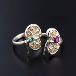 A pair of unique rings designed to resemble human kidneys, featuring intricate details that mimic the shape and texture of kidneys, adorned with gemstones that highlight their curves and contours