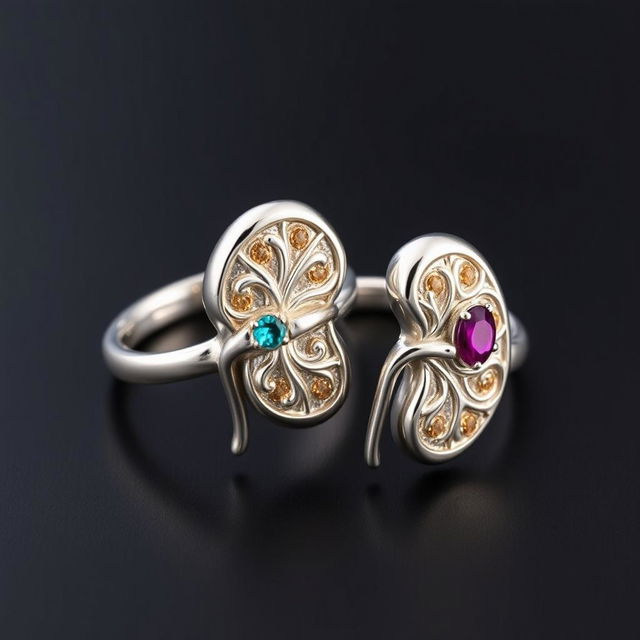 A pair of unique rings designed to resemble human kidneys, featuring intricate details that mimic the shape and texture of kidneys, adorned with gemstones that highlight their curves and contours