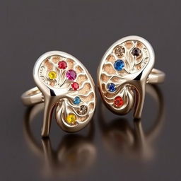 A pair of unique rings designed to resemble human kidneys, featuring intricate details that mimic the shape and texture of kidneys, adorned with gemstones that highlight their curves and contours
