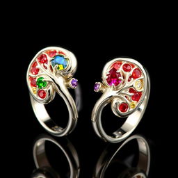 A pair of unique rings designed to resemble human kidneys, featuring intricate details that mimic the shape and texture of kidneys, adorned with gemstones that highlight their curves and contours
