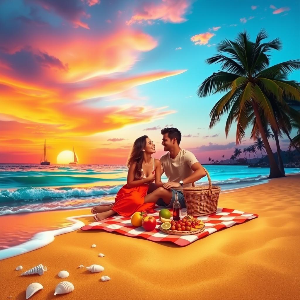 A vibrant and idyllic beach scene featuring a stunning sunset with hues of orange, pink, and purple lighting up the sky