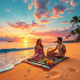 A vibrant and idyllic beach scene featuring a stunning sunset with hues of orange, pink, and purple lighting up the sky