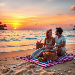A vibrant and idyllic beach scene featuring a stunning sunset with hues of orange, pink, and purple lighting up the sky