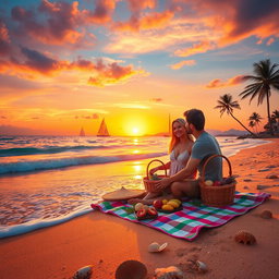 A vibrant and idyllic beach scene featuring a stunning sunset with hues of orange, pink, and purple lighting up the sky