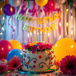 A beautifully decorated birthday scene with vibrant colors and joyful decorations