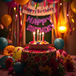 A beautifully decorated birthday scene with vibrant colors and joyful decorations