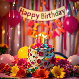 A beautifully decorated birthday scene with vibrant colors and joyful decorations