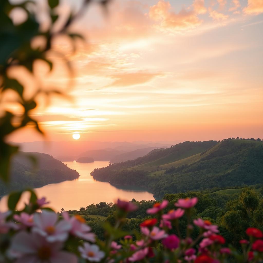 A beautifully designed romantic wallpaper, integrating the provided photo of a serene landscape with lush green hills under a soft sunset sky filled with gentle pastels