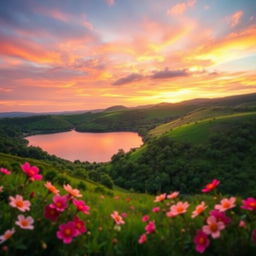 A beautifully designed romantic wallpaper, integrating the provided photo of a serene landscape with lush green hills under a soft sunset sky filled with gentle pastels