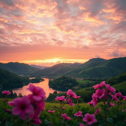 A beautifully designed romantic wallpaper, integrating the provided photo of a serene landscape with lush green hills under a soft sunset sky filled with gentle pastels