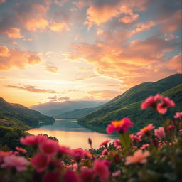 A beautifully designed romantic wallpaper, integrating the provided photo of a serene landscape with lush green hills under a soft sunset sky filled with gentle pastels