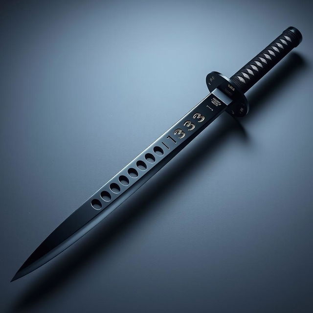 A sleek, intricately designed ninja sword with sharp edges and a glossy black finish