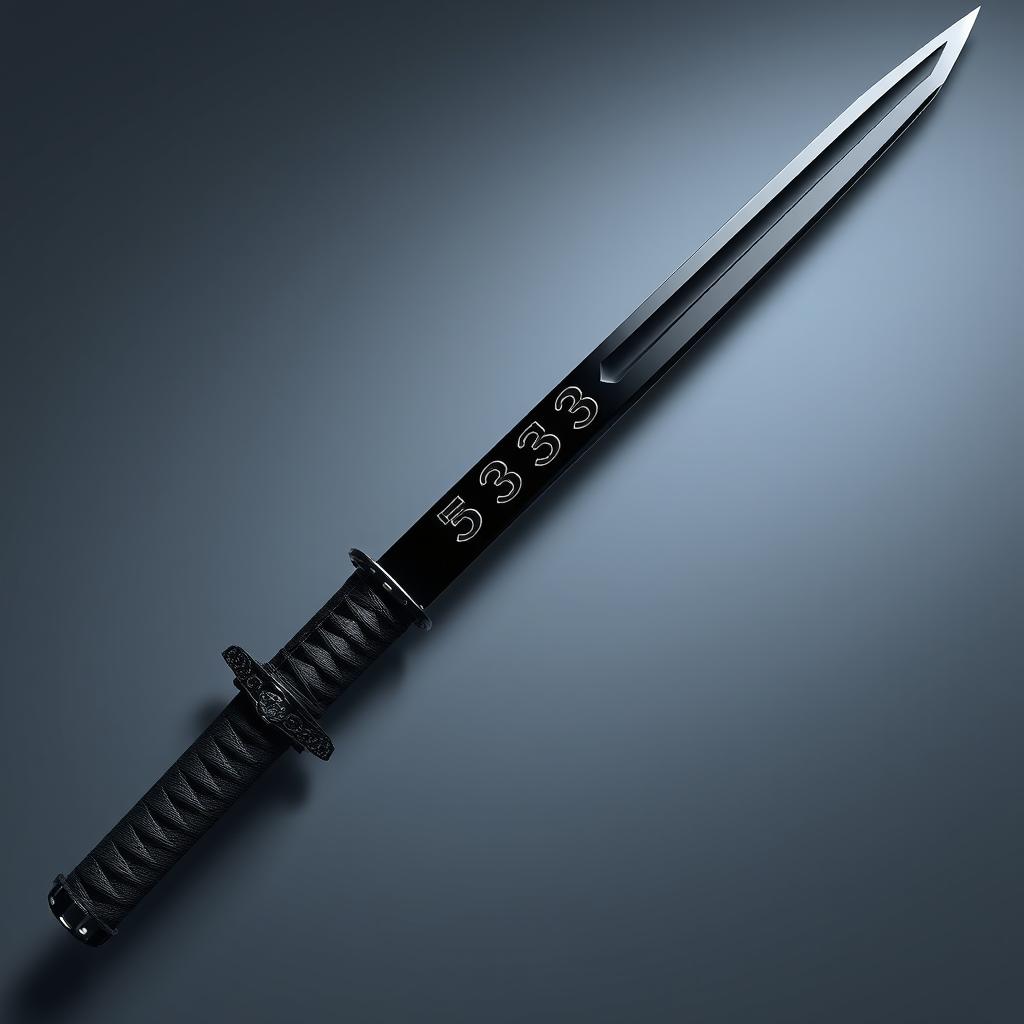 A sleek, intricately designed ninja sword with sharp edges and a glossy black finish