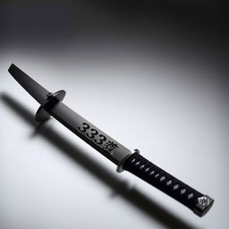 A sleek, intricately designed ninja sword with sharp edges and a glossy black finish
