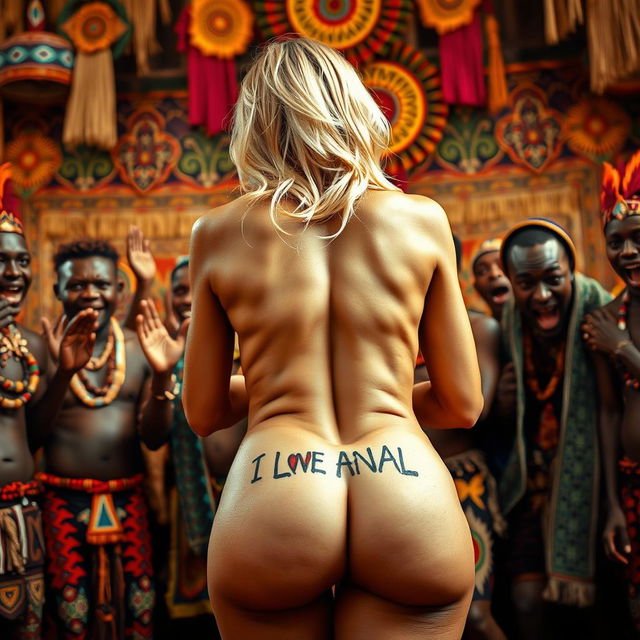 A striking image featuring a scared blonde woman displaying her sexy naked buttocks, prominently adorned with the tattoo 'I LOVE ANAL