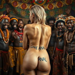 A striking image featuring a scared blonde woman displaying her sexy naked buttocks, prominently adorned with the tattoo 'I LOVE ANAL