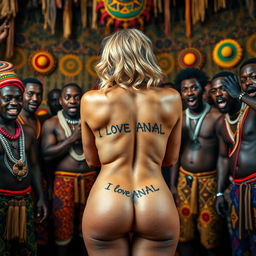 A striking image featuring a scared blonde woman displaying her sexy naked buttocks, prominently adorned with the tattoo 'I LOVE ANAL