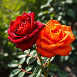 A beautiful and vibrant image showcasing two stunning roses, one deep red and the other a bright orange