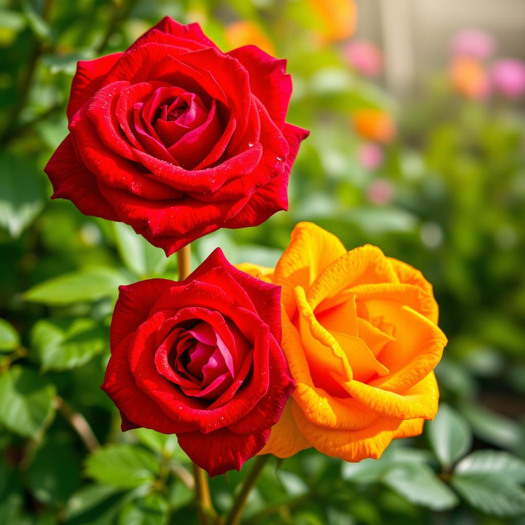 A beautiful and vibrant image showcasing two stunning roses, one deep red and the other a bright orange